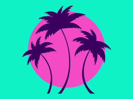 Palm trees against the background of the sun in retro style. Tropical palm trees at sunset in 80s style. Design of advertising brochures, banners, posters, travel agencies. Vector illustrationのイラスト素材