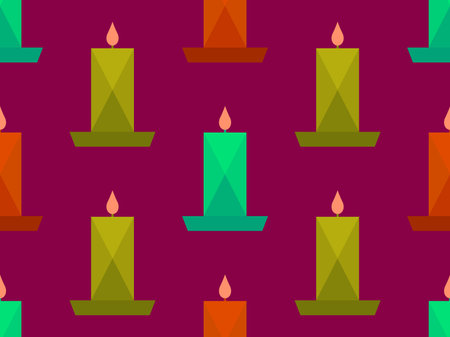 Candles seamless pattern. Multi-colored burning candles on a saucer on a red background. Christmas pattern with candles. Xmas design for wallpaper, posters and banners. Vector illustrationのイラスト素材