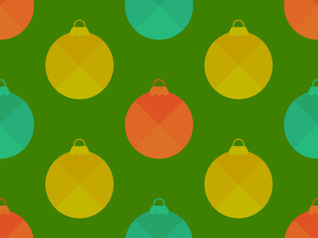 Seamless pattern with Christmas balls on a green background. Multi-colored Christmas balls in vintage style. Xmas design for greeting cards, wrapping paper, banners and posters. Vector illustrationのイラスト素材
