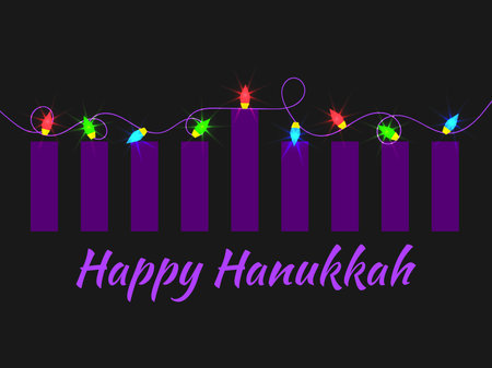 Happy Hanukkah. Hanukkah candles and holiday lights. Glowing garland. Creative design for greeting card, banner and poster. Vector illustrationのイラスト素材
