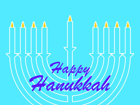 Happy Hanukkah. Outline of a menorah with nine lit candles with text on a blue background. Nine Hanukkah candles. Design for invitation flyers, brochures and promotional items. Vector illustrationのイラスト素材
