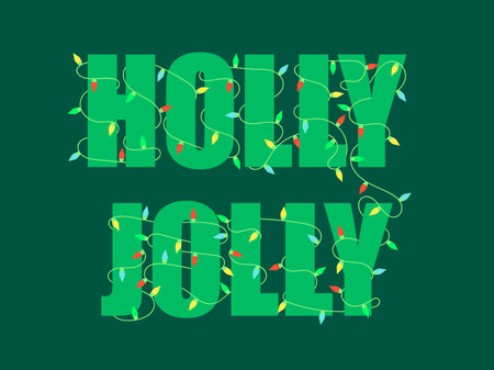 Holly Jolly. Text braided with Christmas glowing garland. Holiday lights are red, blue, yellow and green. Christmas holiday banner. Design for greeting cards, banners and posters. Vector illustrationのイラスト素材