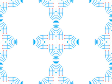 Hanukkah seamless pattern with Menorah with nine candles on white background. Lighted Hanukkah candles. Design of greeting cards, banners and promotional products. Vector illustrationのイラスト素材