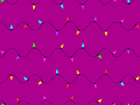 Christmas glowing garland seamless pattern. Colorful Christmas lights. Christmas tree garland with red, green, purple and blue LEDs. Design for banner and poster. Vector illustrationのイラスト素材