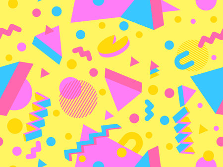 Memphis seamless pattern with 3d geometric shapes in 80s style. Colorful geometric pattern. Design of promotional products, wrapping paper and printing. vector illustrationのイラスト素材