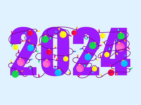 2024 Happy New Year. Text braided with Christmas glowing garland. Christmas light. LED Christmas...