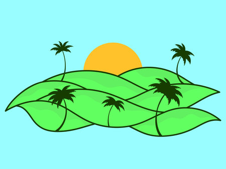 Tropical landscape with palm trees and sun. Wavy landscape with green hills and the sun on the horizon. Dawn over green fields. Design for posters, prints and banners. Vector illustrationのイラスト素材
