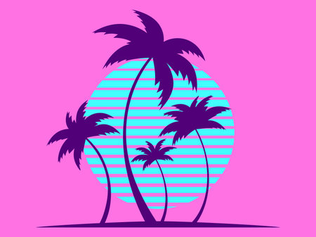 Outlines of palm trees at sunset in the style of the 80s. Palm trees and blue sun on a pink background. Print design for advertising banners and posters. Vector illustrationのイラスト素材