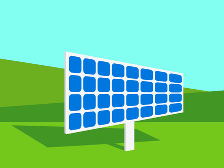 Solar panel on a green field. Landscape with a solar panel. Renewable energy, production of environmentally friendly electricity. Design of advertising products and posters. Vector illustrationのイラスト素材
