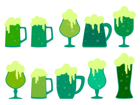 Glasses of green beer icon set isolated on white background. Beer with foam in glasses of various shapes and on a stem. Mugs and glasses of beer for St. Patrick's Day. Vector illustrationのイラスト素材