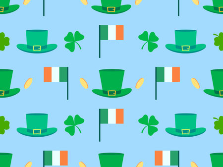 Seamless pattern with Irish flag, clover leaves, leprechaun cap and gold coins for St. Patrick's Day. Symbols of the Irish holiday. Festive wallpaper, banner and cover design. Vector illustrationのイラスト素材
