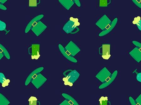 Seamless pattern with glasses of beer and leprechaun hat for St. Patrick's Day. Green mugs of beer with foam. Irish holiday Festive design for wallpaper, banner and cover. Vector illustrationのイラスト素材