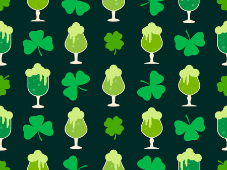 Seamless pattern with clover leaves and glasses of beer for St. Patrick's Day. Green glasses of beer on a stem with foam. Festive design for wallpaper, banner and cover. Vector illustrationのイラスト素材