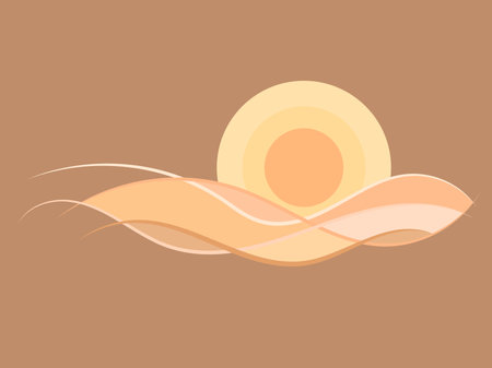 Desert landscape with sand dunes in line art style. Sunrise over the desert in minimalist style. Wavy landscape with dunes and sun. Design for banners, posters and wallpapers. Vector illustrationのイラスト素材