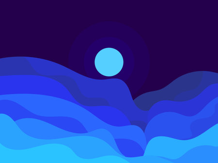 Night wavy landscape with the moon in a minimalist style. Desert landscape with a blue outline. Design for printing banners, posters, book covers. Vector illustrationのイラスト素材