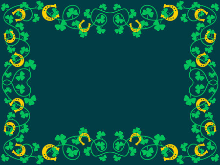 Frame with green clover leaves and horseshoes for St. Patrick's Day. Border with shamrocks and horseshoes. Design for greeting cards, flyers and invitations. Vector illustrationのイラスト素材