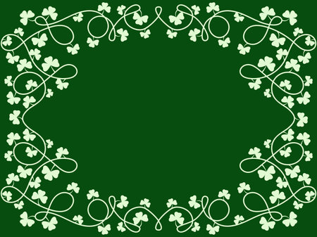 Clover leaf frame for St. Patrick's Day. Border with shamrocks. White silhouettes of clover leaves on a green background. Design for greeting cards, flyers and invitations. Vector illustrationのイラスト素材