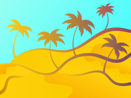 Line landscape outline with palm trees on a blue background. Summer tropical landscape in a minimalist style. Design for printing t-shirt and banner. Vector illustrationのイラスト素材