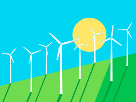 Landscape with wind turbines. Green energy concept, wind turbine silhouettes. Renewable energy, clean electricity production. Eco-friendly wind energy. Vector Illustrationのイラスト素材
