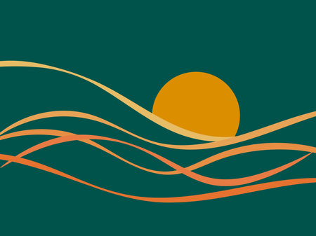 Line art landscape in a minimalist style. Wavy landscape with the sun on the horizon. Boho decor for interior design. Mid-century modern decor. Design for banner and poster. Vector illustrationのイラスト素材