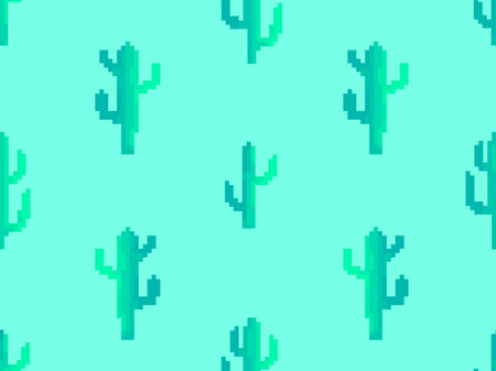 Seamless pattern with cacti in pixel art style. 8-bit cacti in the style of classic 80s video games. Retro design for print, wrapping paper and wallpaper. Vector illustrationのイラスト素材