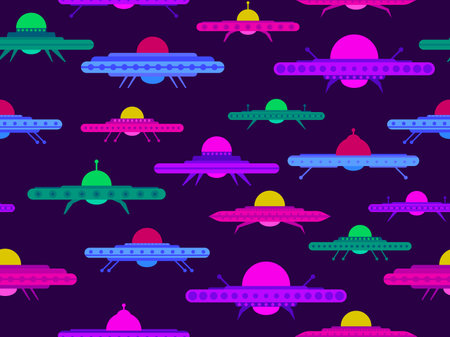 Seamless pattern with multi-colored UFO. Background with alien spaceships and space flying saucers. Alien spaceships. Design for print, banners and advertising. Vector illustrationのイラスト素材
