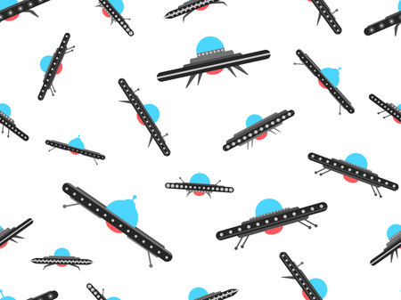 Ufo seamless pattern in flat style. Background with alien spaceships and space flying saucers. Alien spaceships. Design for print, banners and advertising. Vector illustrationのイラスト素材