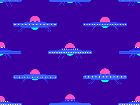 Seamless pattern with UFO in flat style. Background with alien spaceships and space flying saucers. Alien spaceships. Design for print, banners and advertising. Vector illustrationのイラスト素材