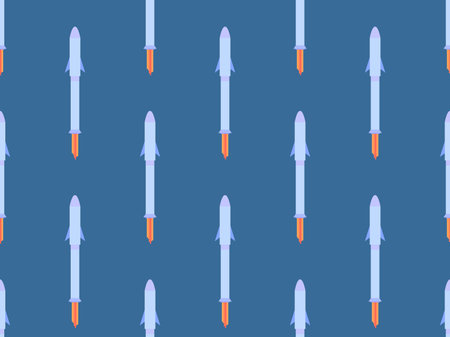 Spaceships seamless pattern. Orbital launch vehicle. Space rockets in flat style. Spaceships for space exploration and interplanetary flights. Design for banners and posters. Vector illustrationのイラスト素材