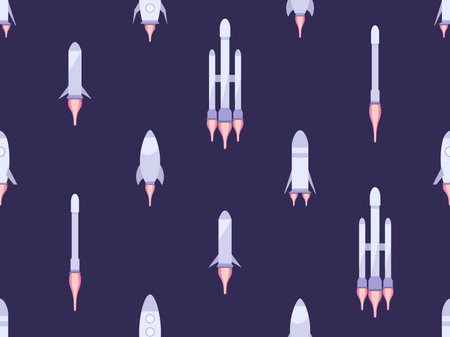 Seamless pattern with space rockets. Orbital launch vehicle. Spacecraft for launching cargo into orbit. Spaceships for space exploration and interplanetary flights. Vector illustrationのイラスト素材