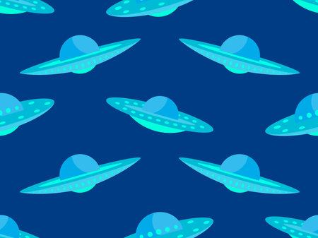 Seamless pattern with alien spaceships. Background with UFO and space flying saucers. UFO in the form of a saucer with lights. Design for print, banners and advertising. Vector illustrationのイラスト素材