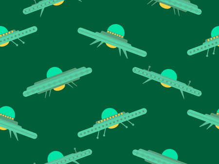 Ufo seamless pattern in flat style. Background with alien spaceships and space flying saucers. Alien spaceships. Design for print, banners and advertising. Vector illustrationのイラスト素材