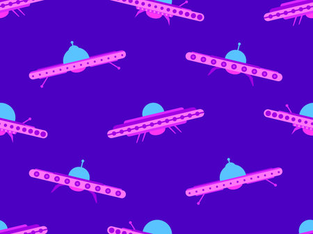 Seamless pattern with UFO in flat style. Background with alien spaceships and space flying saucers. Alien spaceships. Design for print, banners and advertising. Vector illustrationのイラスト素材