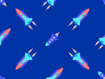 Spaceships seamless pattern. Orbital launch vehicle. Space rockets in flat style. Spaceships for space exploration and interplanetary flights. Design for banners and posters. Vector illustrationのイラスト素材