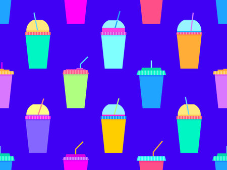 Seamless pattern with plastic or paper cups with a straw. Plastic and paper cups for carbonated drinks. Plastic smoothie glass with straw. Carbonated soft drinks. Vector illustrationのイラスト素材