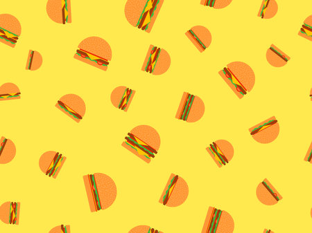 Seamless pattern with cheeseburgers and hamburgers on a yellow background. Cheeseburger with two cutlets. Bun with sesame seeds, cutlet, cheese and sauces. Design for wallpaper. Vector illustrationのイラスト素材