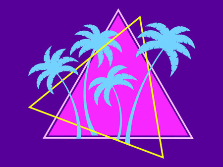 Palm trees in the futuristic style of the 80s. Triangle with silhouettes of tropical palm trees synthwave 80s. Design for banners and posters, advertising products. Vector illustrationのイラスト素材