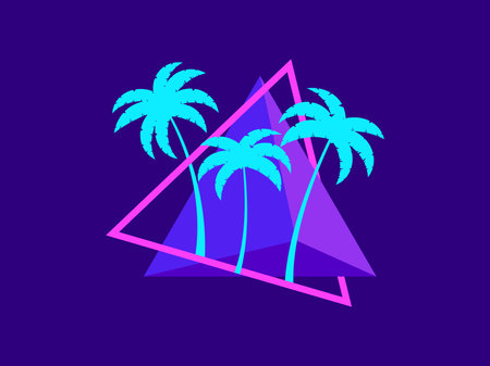 Palm trees in the futuristic style of the 80s. Triangle with silhouettes of tropical palm trees synthwave 80s. Design for banners and posters, advertising products. Vector illustrationのイラスト素材