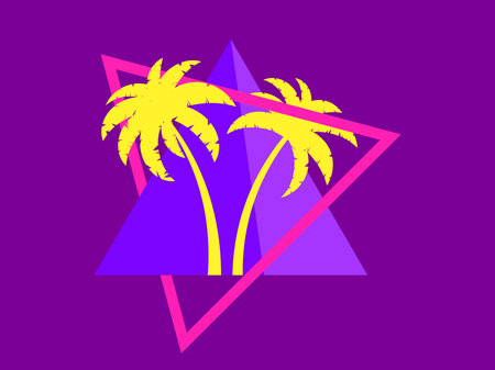 Palm trees in the futuristic style of the 80s. Triangle with silhouettes of tropical palm trees synthwave 80s. Design for banners and posters, advertising products. Vector illustrationのイラスト素材