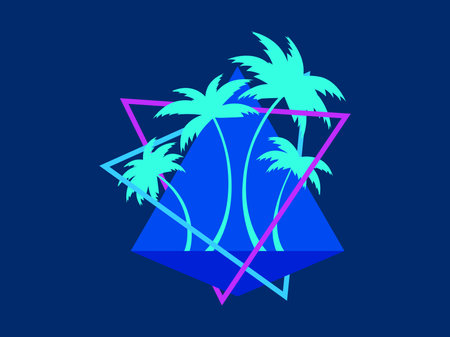 Palm trees in the futuristic style of the 80s. Triangle with silhouettes of tropical palm trees synthwave 80s. Design for banners and posters, advertising products. Vector illustrationのイラスト素材
