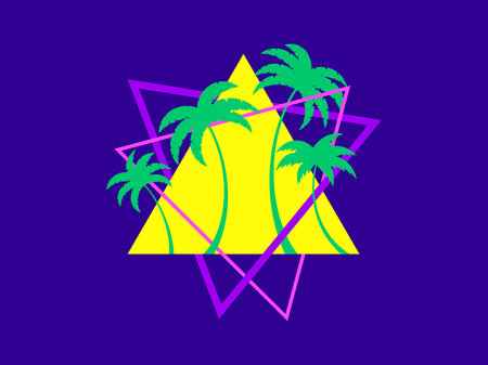 Palm trees in the futuristic style of the 80s. Triangle with silhouettes of tropical palm trees synthwave 80s. Design for banners and posters, advertising products. Vector illustrationのイラスト素材