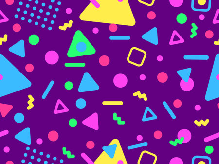 Geometric seamless pattern with memphis elements in 80s style. Colorful geometric pattern. Design of promotional products, wrapping paper and printing. vector illustrationのイラスト素材