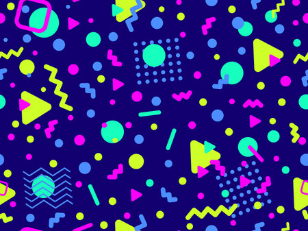 Geometric seamless pattern with memphis elements in 80s style. Colorful geometric pattern. Design of promotional products, wrapping paper and printing. vector illustrationのイラスト素材