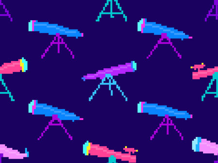 Pixel telescope seamless pattern. Telescope on a tripod in pixel art style. 8-bit astronomical telescope for observing outer space. Design for print wallpaper, banner and poster. Vector illustrationのイラスト素材