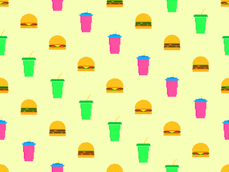 Seamless pattern with pixel hamburgers and soda. Paper cups with carbonated drinks. Cheeseburgers, hamburgers and carbonated soft drinks in pixel art style. Plastic and paper cup. Vector illustrationのイラスト素材