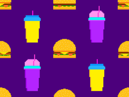 Seamless pattern with pixel hamburgers and soda. Paper cups with carbonated drinks. Cheeseburgers, hamburgers and carbonated soft drinks in pixel art style. Plastic and paper cup. Vector illustrationのイラスト素材