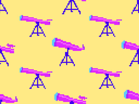 Pixel telescope seamless pattern. Telescope on a tripod in pixel art style. 8-bit astronomical telescope for observing outer space. Design for print wallpaper, banner and poster. Vector illustrationのイラスト素材