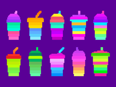 Plastic and paper cups in pixel art style. Pixel icons of paper glasses with carbonated soft drinks. 8-bit smoothie glass with straw in retro video game style. Vector illustrationのイラスト素材