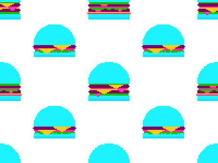 Seamless pattern with burgers in pixel art style. Pixel cheeseburgers and hamburgers with two cutlets and cheese. 8-bit fast food in retro style from the 80s and 90s. Vector illustrationのイラスト素材