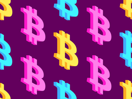 Seamless pattern with 3D Bitcoin symbol. Multicolored isometric Bitcoin symbol. Bitcoin cryptocurrency, crypto trading. Design of wallpapers, banners and posters. Vector illustrationのイラスト素材